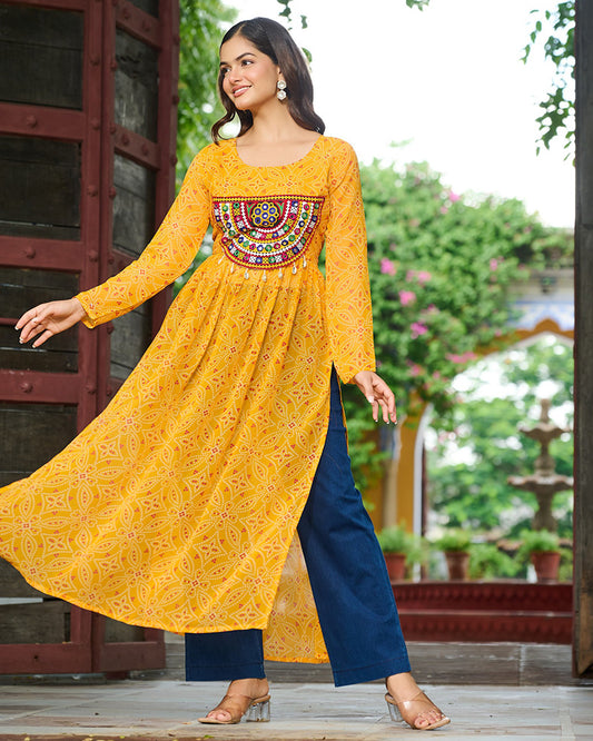 Festive Yellow Georgette Printed Kurti With Gamthi Patchwork