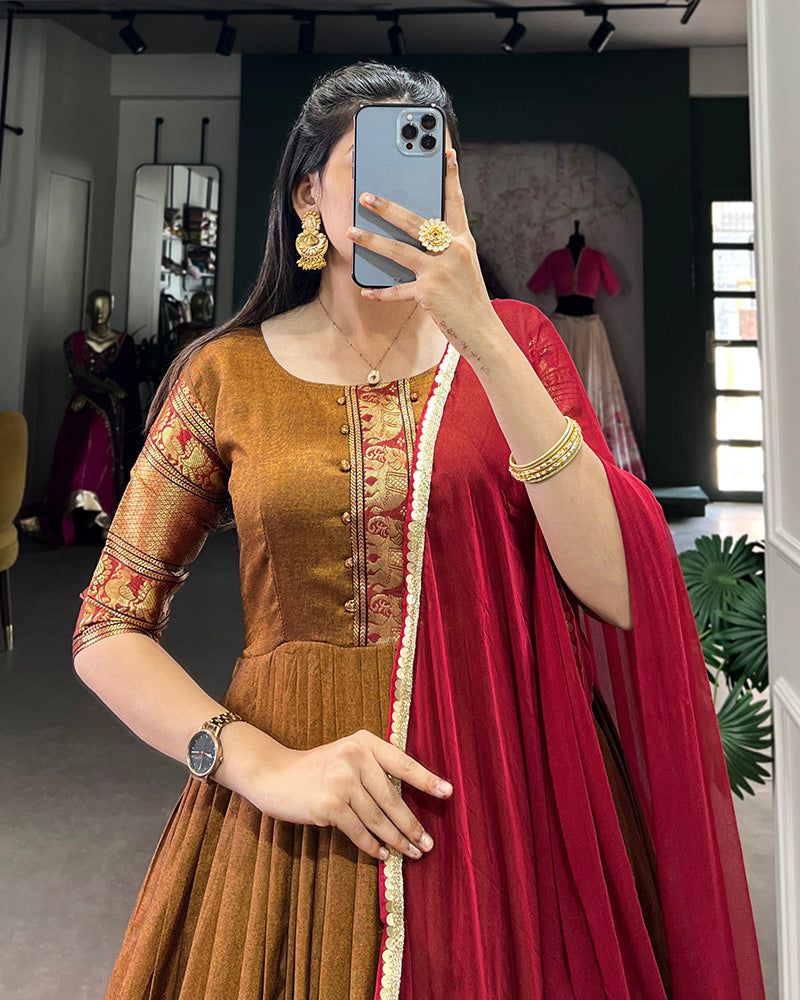 Golden Color Narayan Pet Cotton Zari Weaving Gown