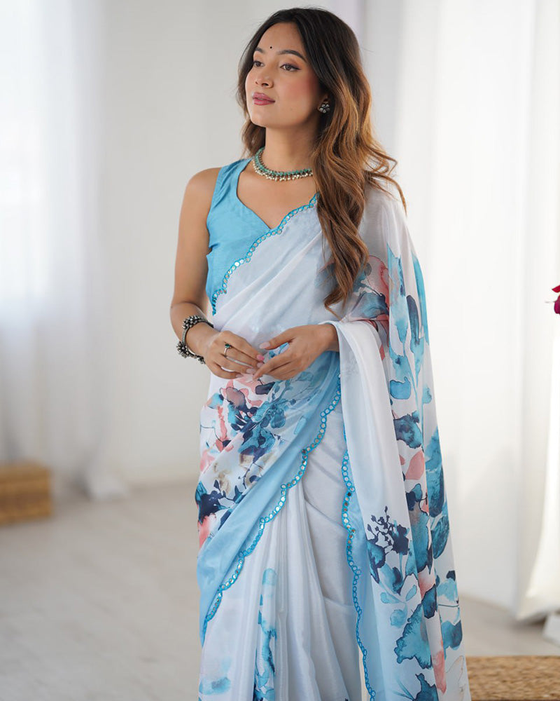 Ocean White Color Chinnon Silk Digital Printed Saree