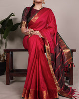 Red Color Zari Weaving Poly Cotton Saree