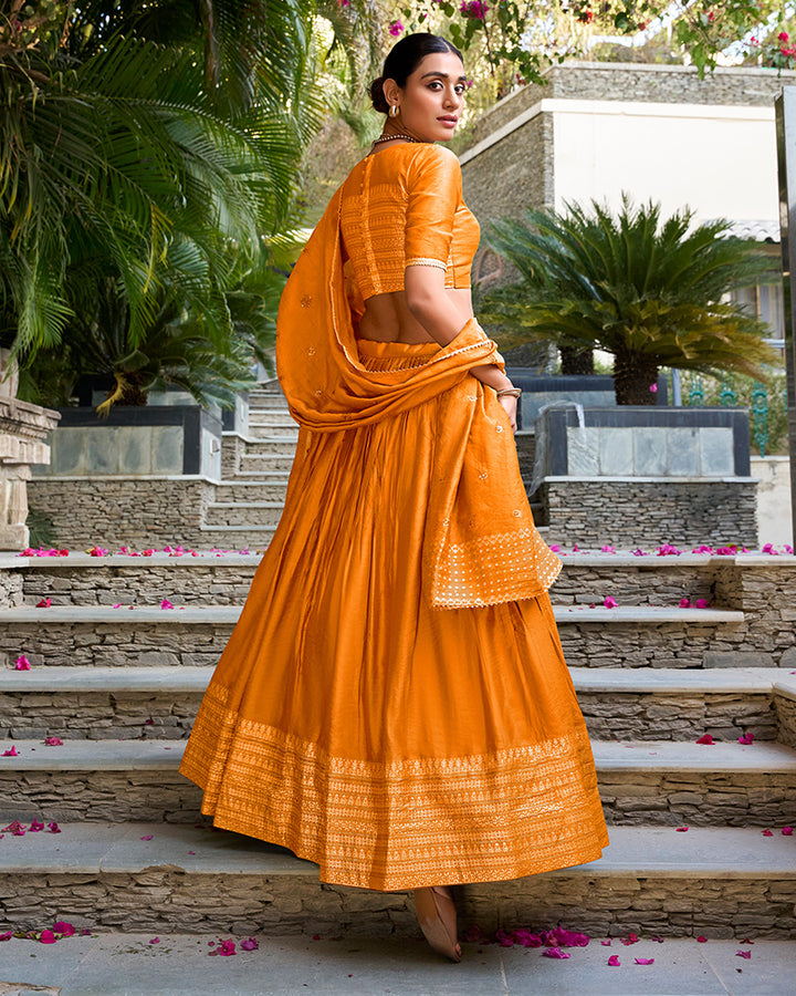 Yellow Color Pure Chanderi Plain Navratri Lehenga Choli