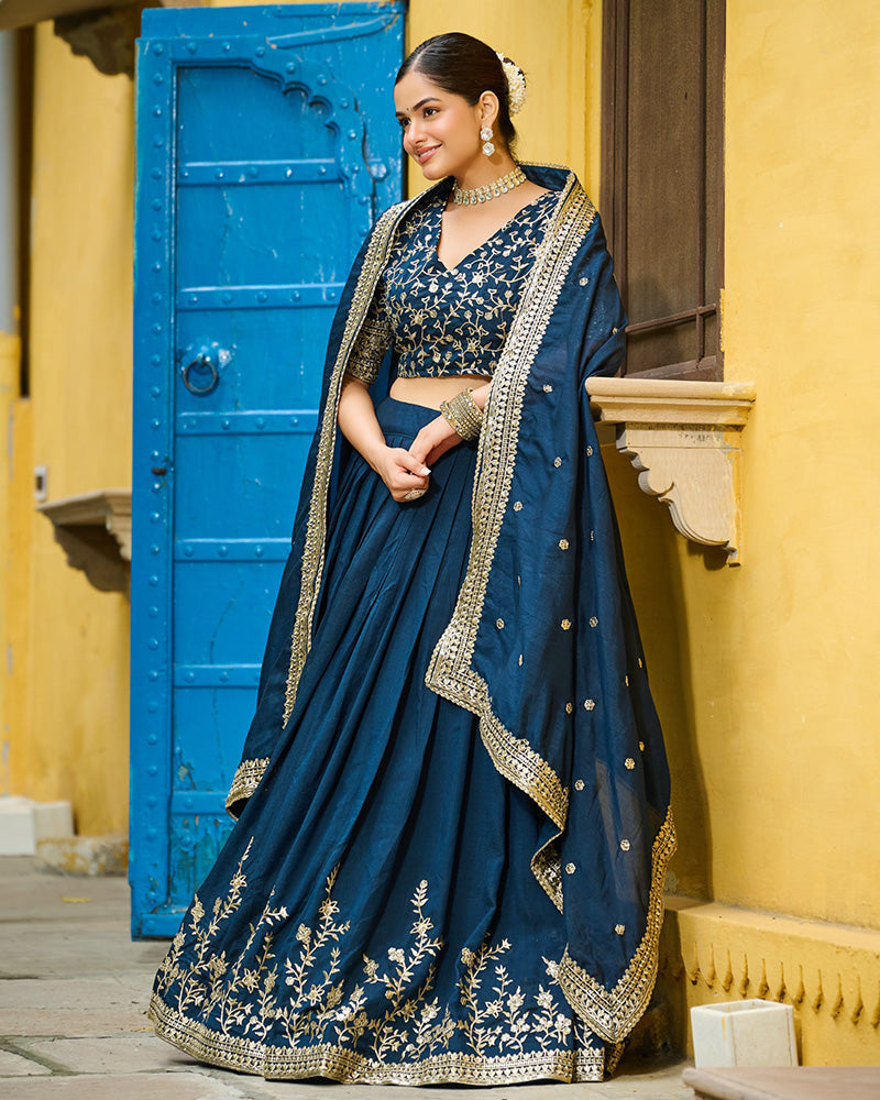 Rama Color Vichitra Silk Thread Embroidered Lehenga Choli
