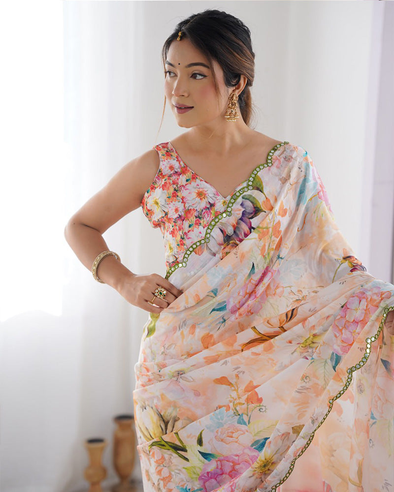 Peach Color Chinnon Silk Saree