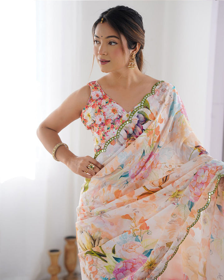 Peach Color Chinnon Silk Saree