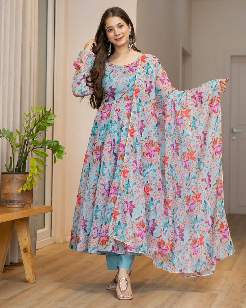 Firozi Color Digital Printed Organza Anarkali Suit
