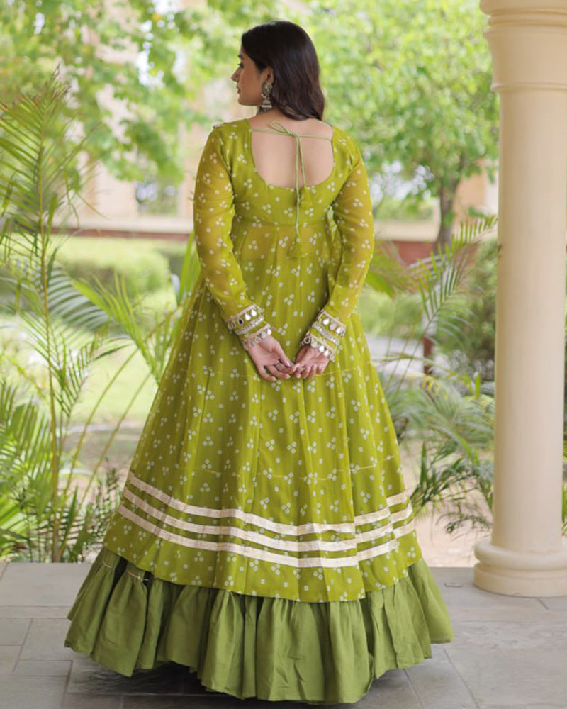 Parrot Green Color Bandhani Printed Kurti With Kora Cotton Lehenga Choli