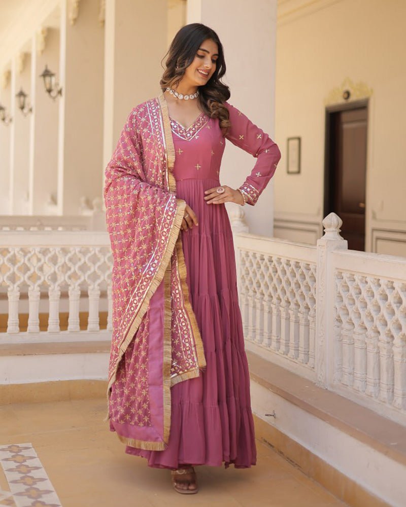Onion Color Faux Georgette Designer Anarkali Gown With Dupatta