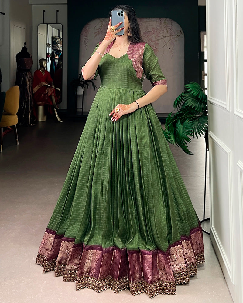 Mehndi Color Dola Chex Zari Weaving Gown