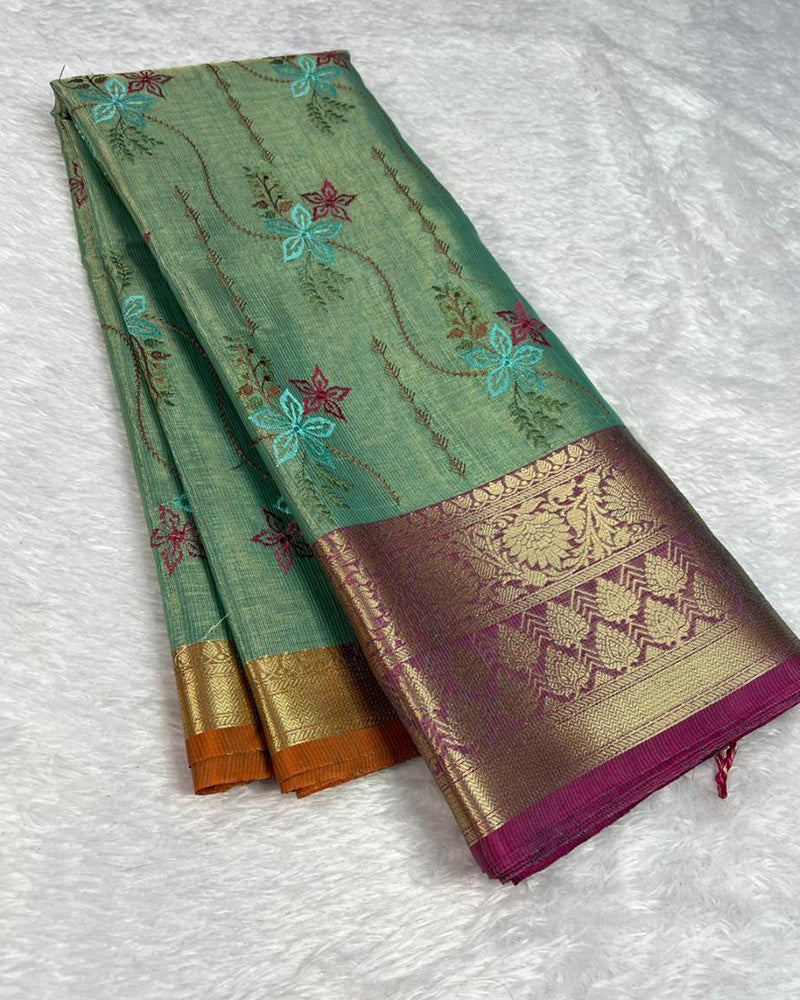 Sea Green Color Tissue Silk Floral Embroidered Saree