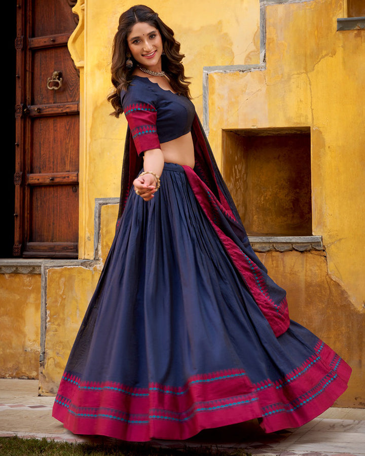 Navy Blue Color Pure Chanderi Threaded Half Saree