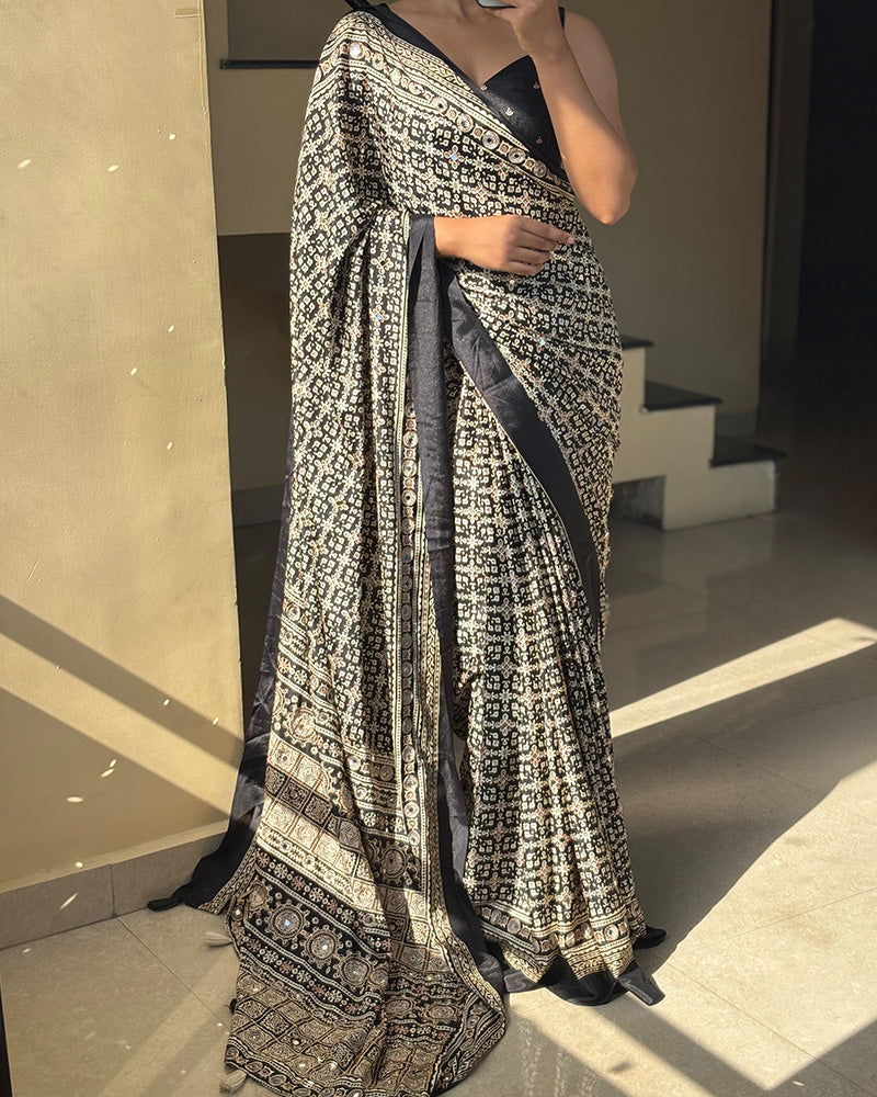 Black Color Pure Crape Silk Ajarakh Print Saree