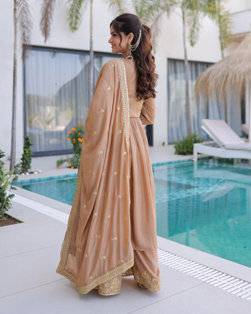 Chikoo Color Super Silk Embroidered Sharara Suit