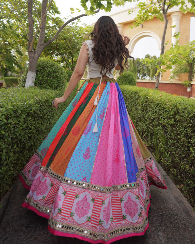 Multi Color Cotton Printed Mirror Work Navratri Lehenga Choli