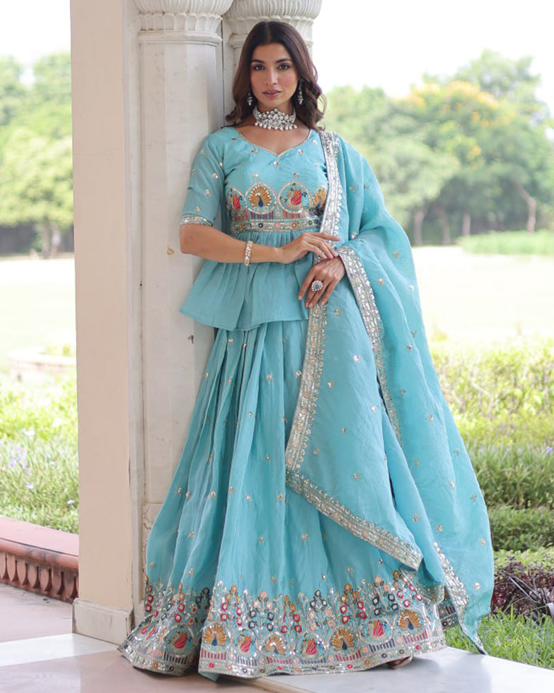 Sky Color Gold Crush Embroidered Lehenga Choli