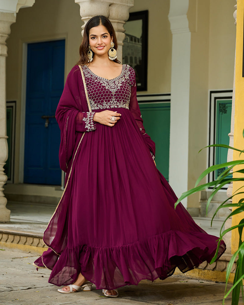 Wine Color Faux Blooming Beads Embroidered Gown