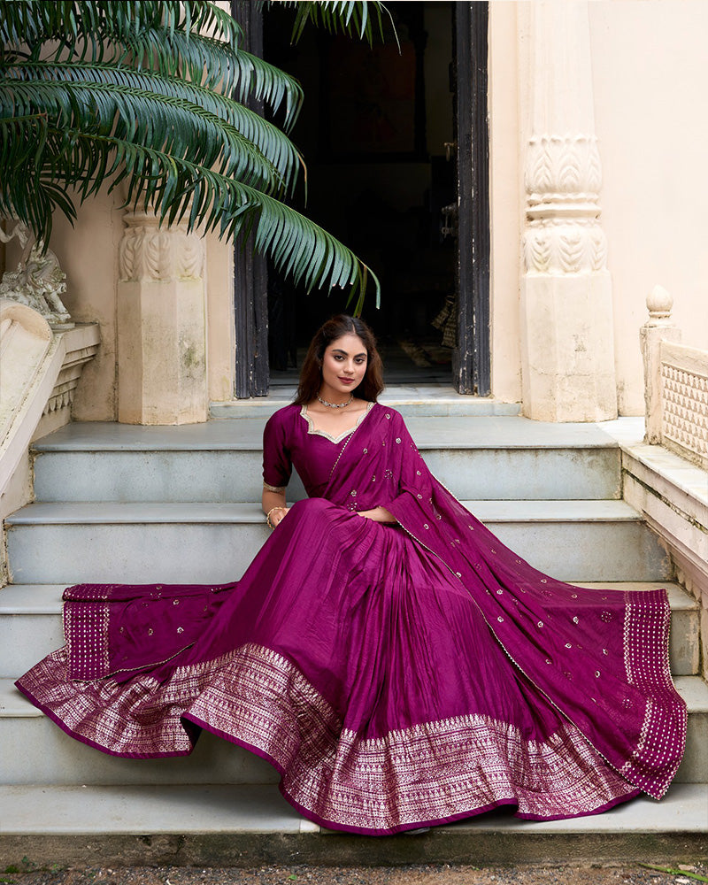 Wine Color Pure Chanderi Plain Navratri Lehenga Choli