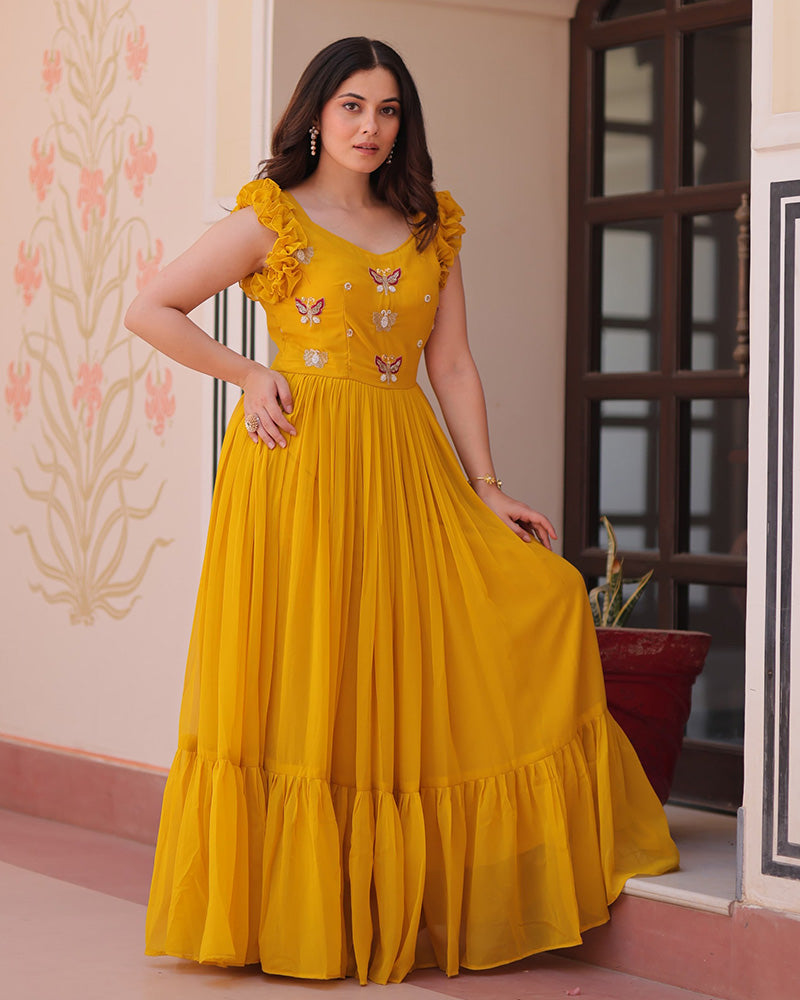Yellow Color Faux Blooming Embroidered work Gown