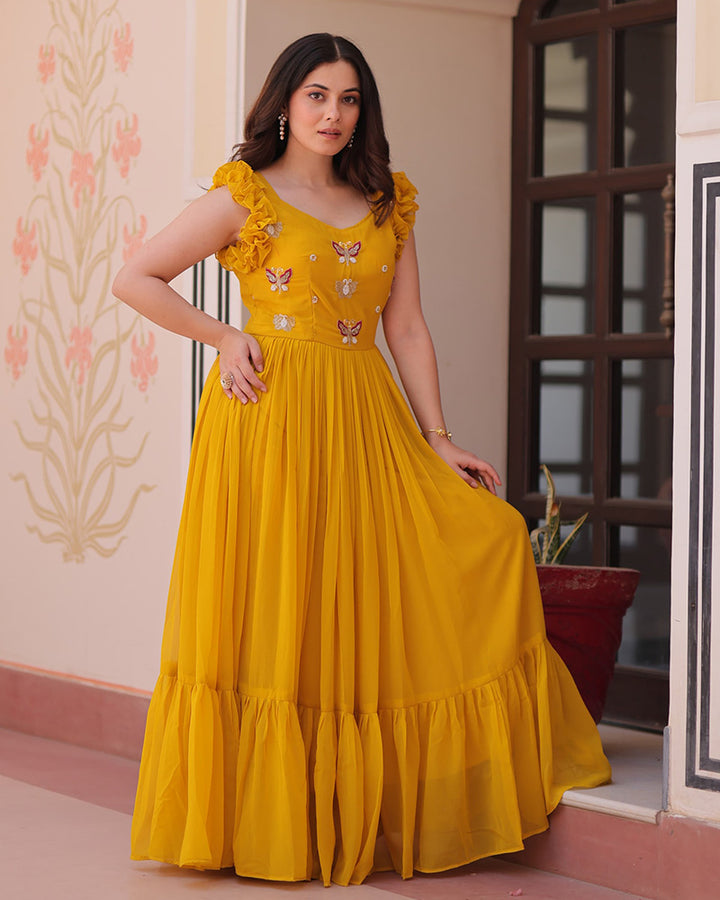 Yellow Color Faux Blooming Embroidered work Gown