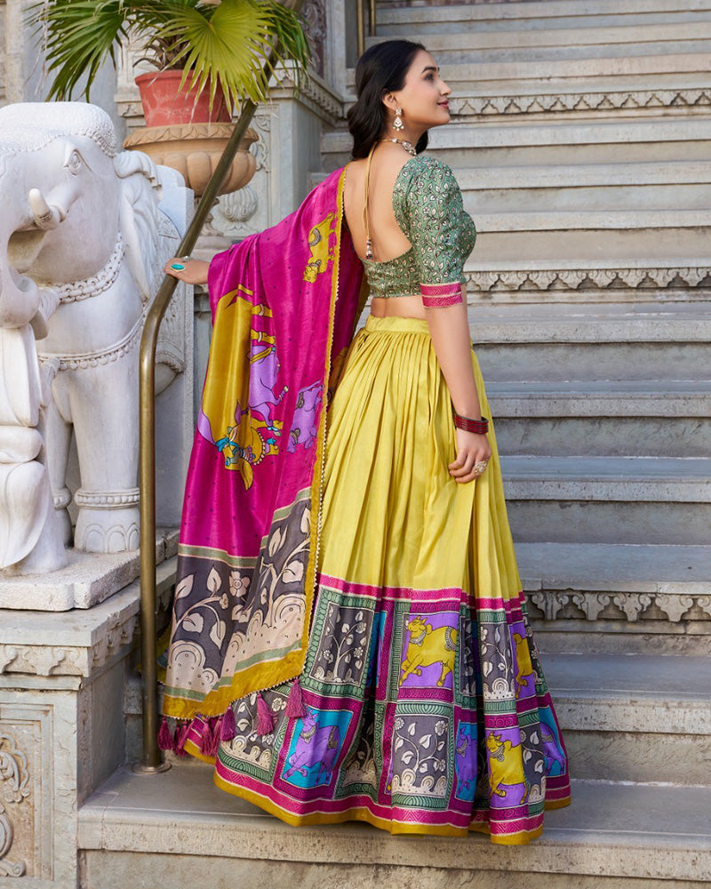 Mustard Color Tussar Silk Kalamkari Printed Lehenga Choli