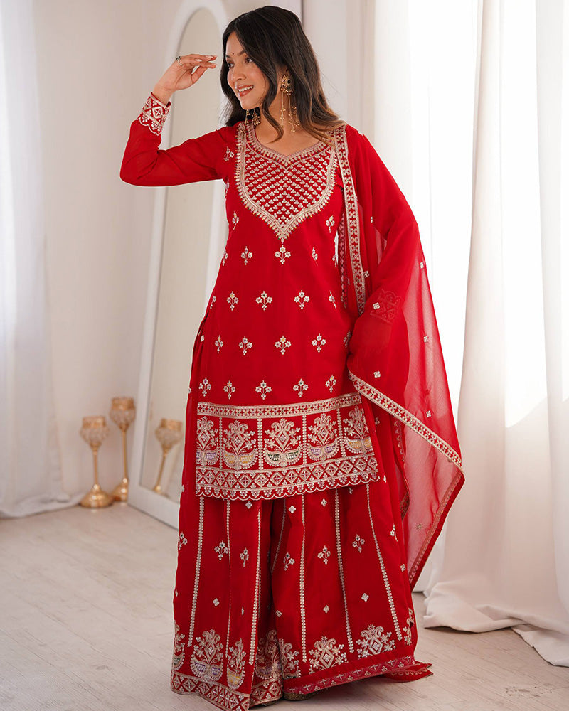 Royal Red Color Faux Georgette Embroidered Plazzo Suit