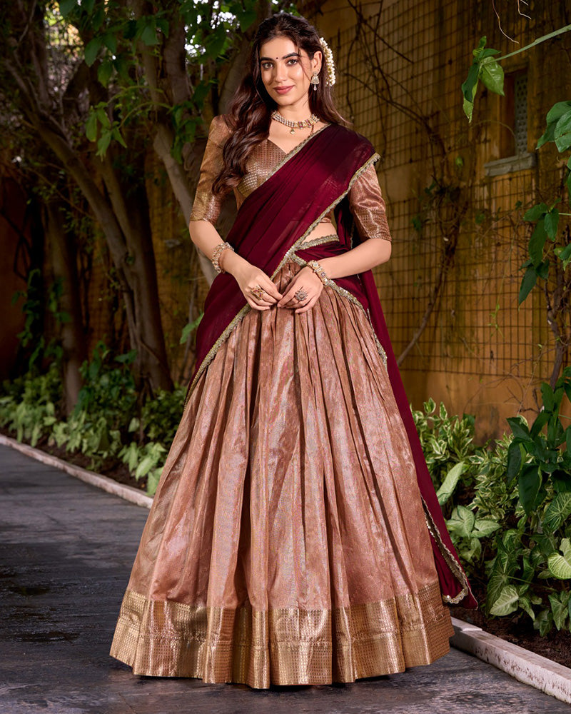 Peach Color Dupion Silk Zari Weaving Half Saree