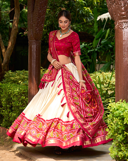 Red Color Tussar Silk Patola Printed Lehenga Choli