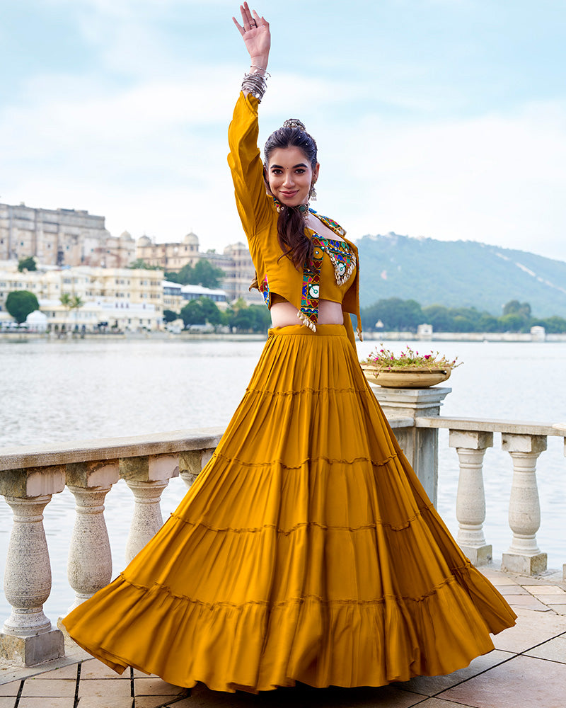 Elegant Mustard Color Pure Rayon Navratri Lehenga Choli
