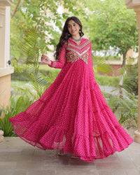 Four Color Georgette Bandhani Printed Navratri Gown