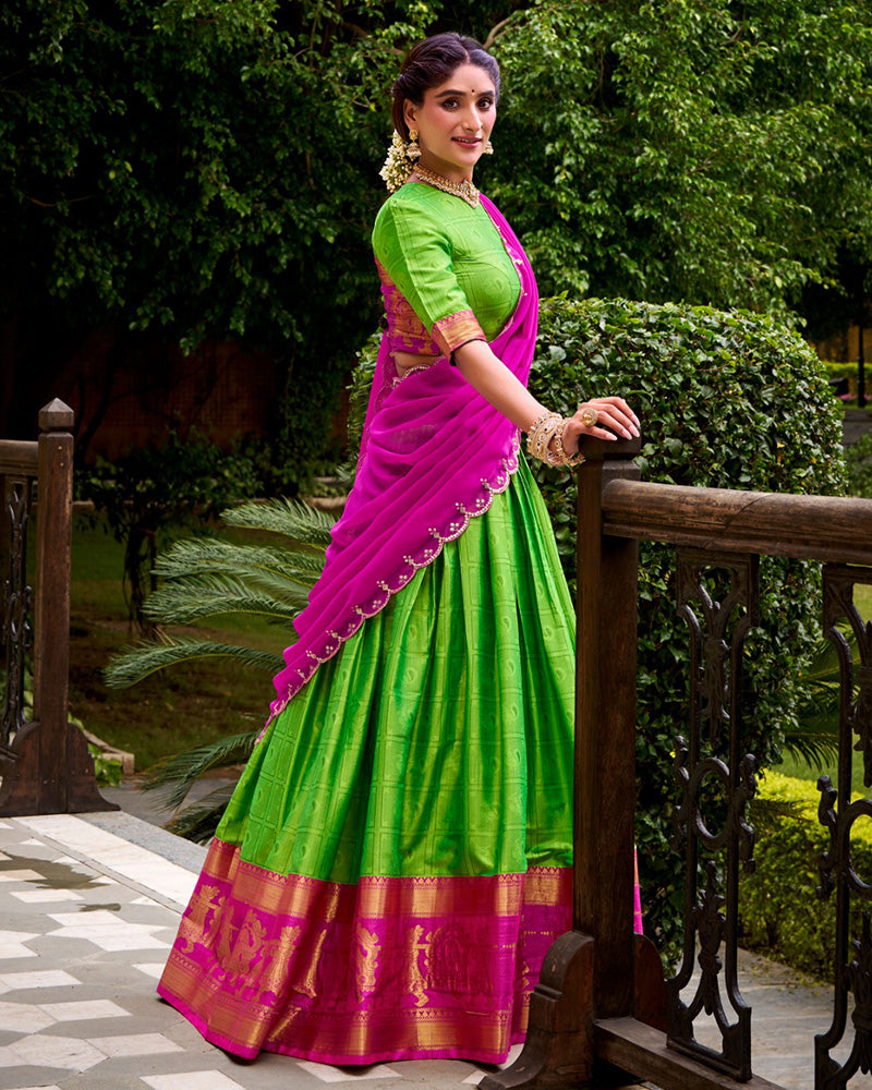 Parrot Green Color Poly Cotton Half Saree