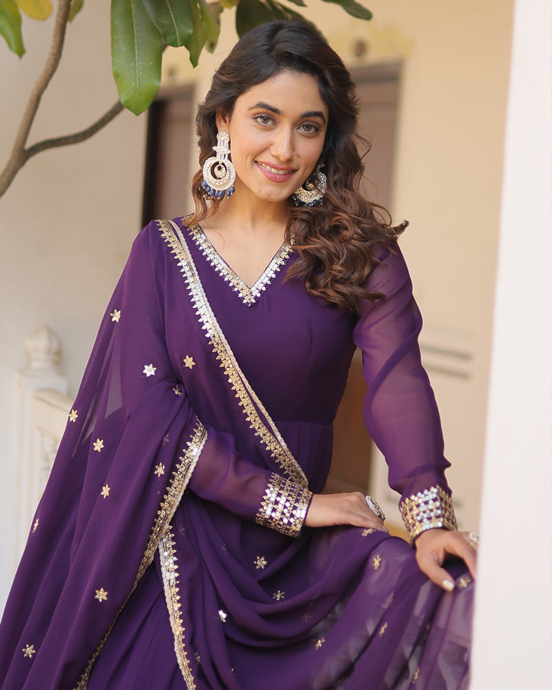 Exclusive Wine Color Attractive Sequence Embroidery work Gown