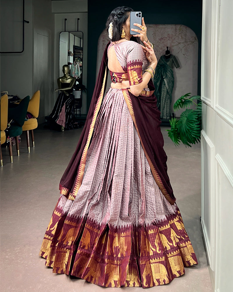 Dusty Luvender Color Poly Cotton Chex Onam Half Saree