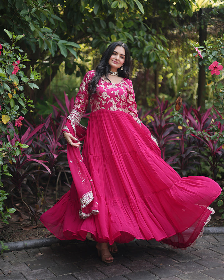 Pink Color  Anarkali Gown With Faux Blooming Dupatta