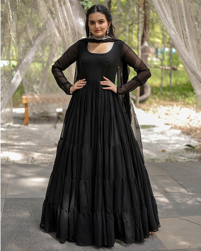 Black Color Designer Embroidered Gown With Dupatta