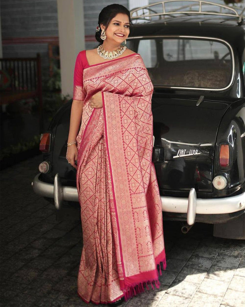 Pink Color Jacquard Print Banarasi Soft Silk Saree