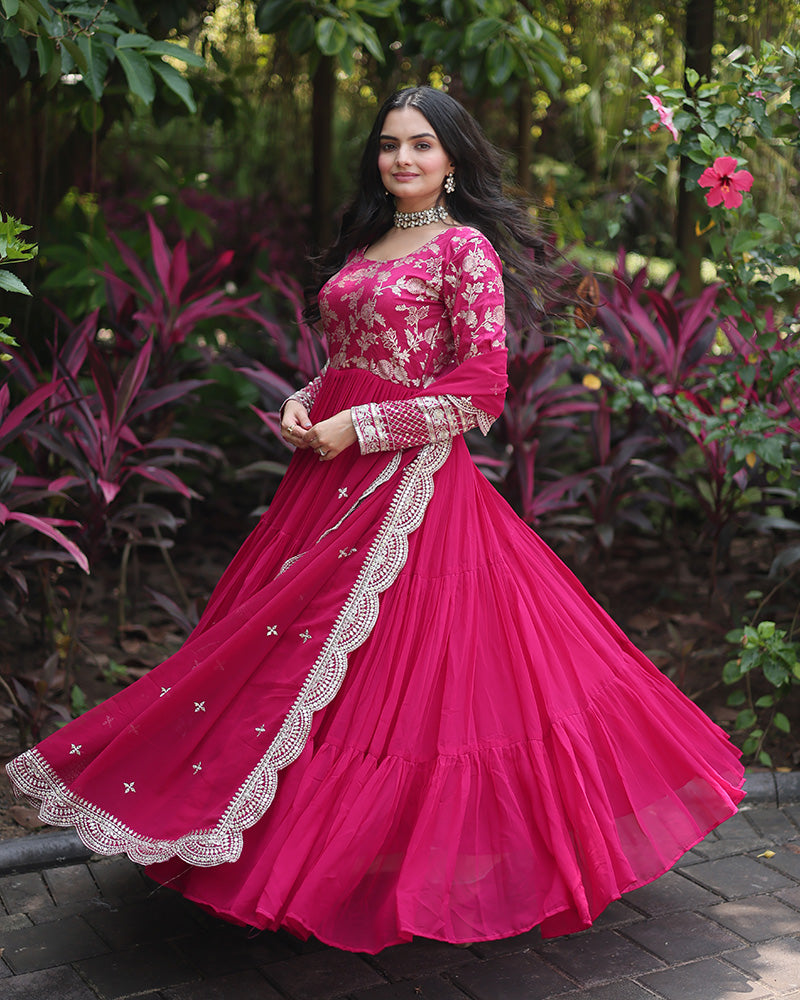 Pink Color  Anarkali Gown With Faux Blooming Dupatta