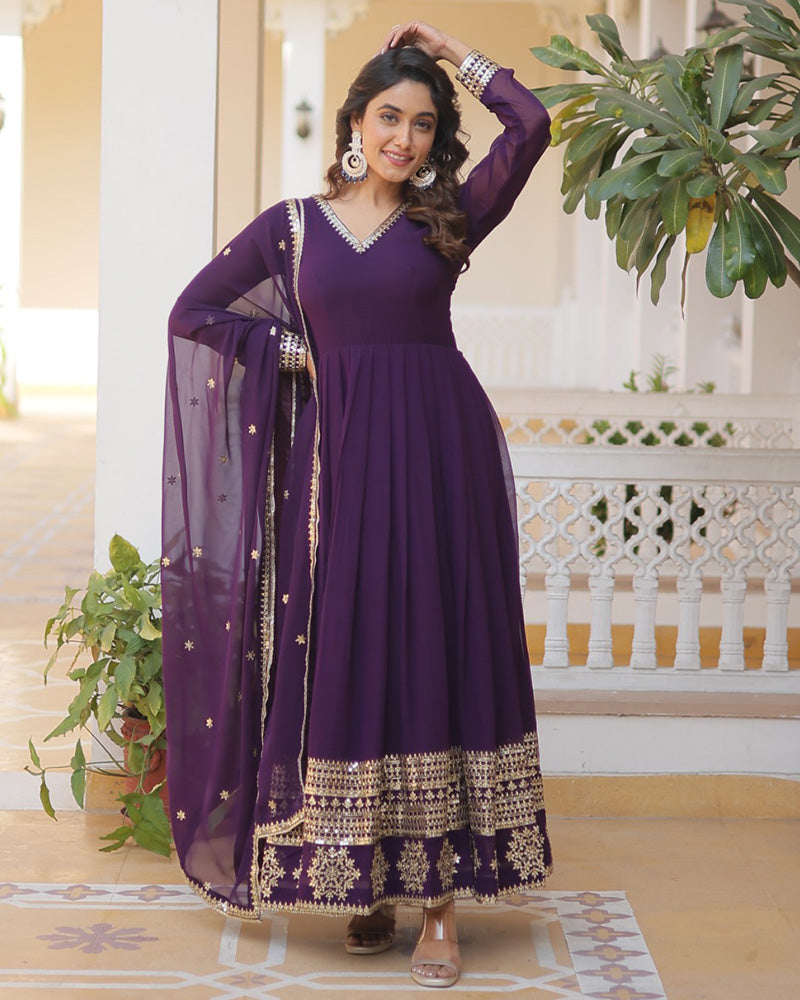 Exclusive Wine Color Attractive Sequence Embroidery work Gown