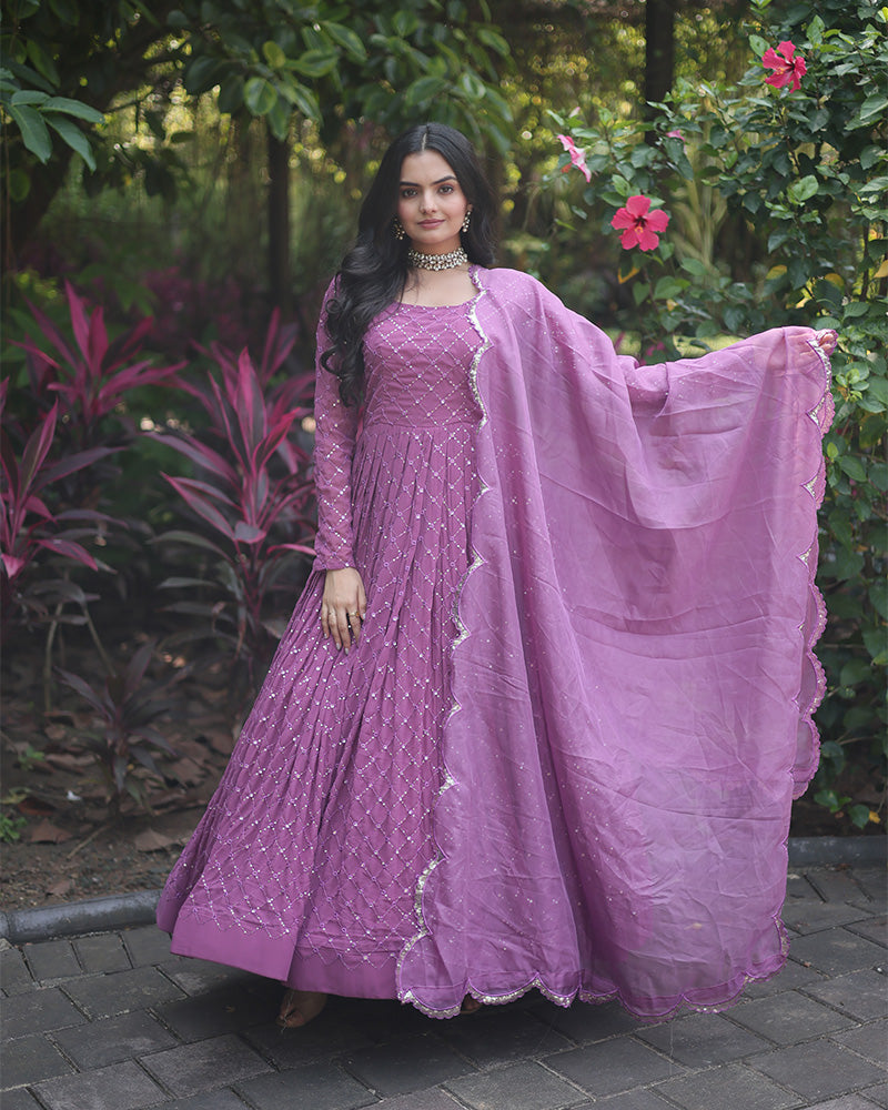 Lavender Color Designer Anarkali Gown With Dupatta