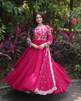 Pink Color  Anarkali Gown With Faux Blooming Dupatta