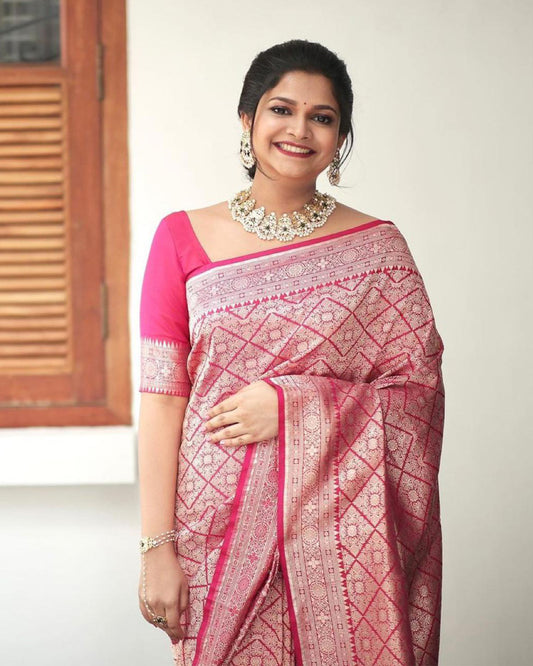 Pink Color Jacquard Print Banarasi Soft Silk Saree