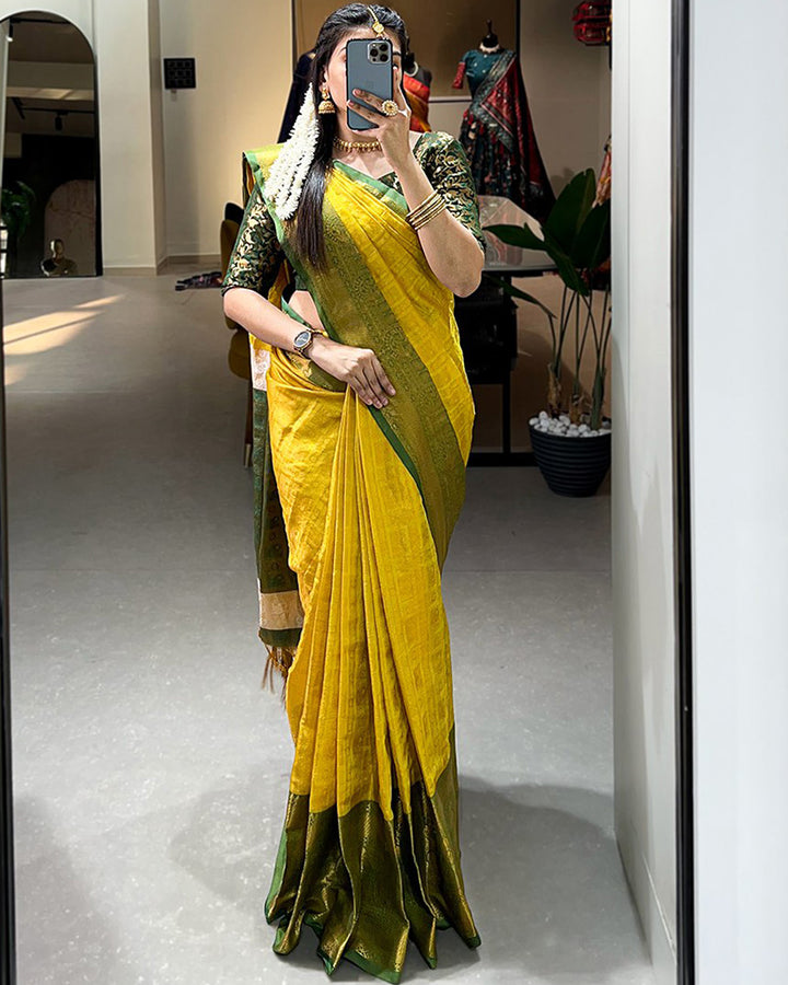 Designer Yellow Color Kanjivaram Saree With Zari Work
