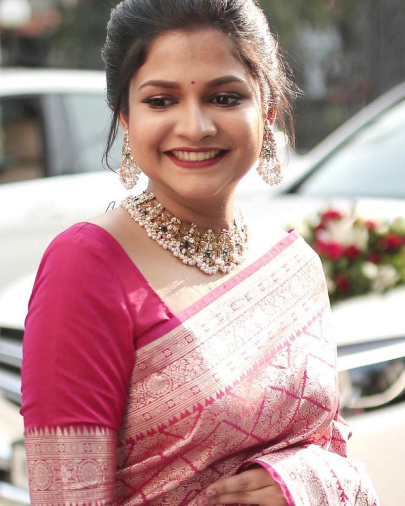 Pink Color Jacquard Print Banarasi Soft Silk Saree
