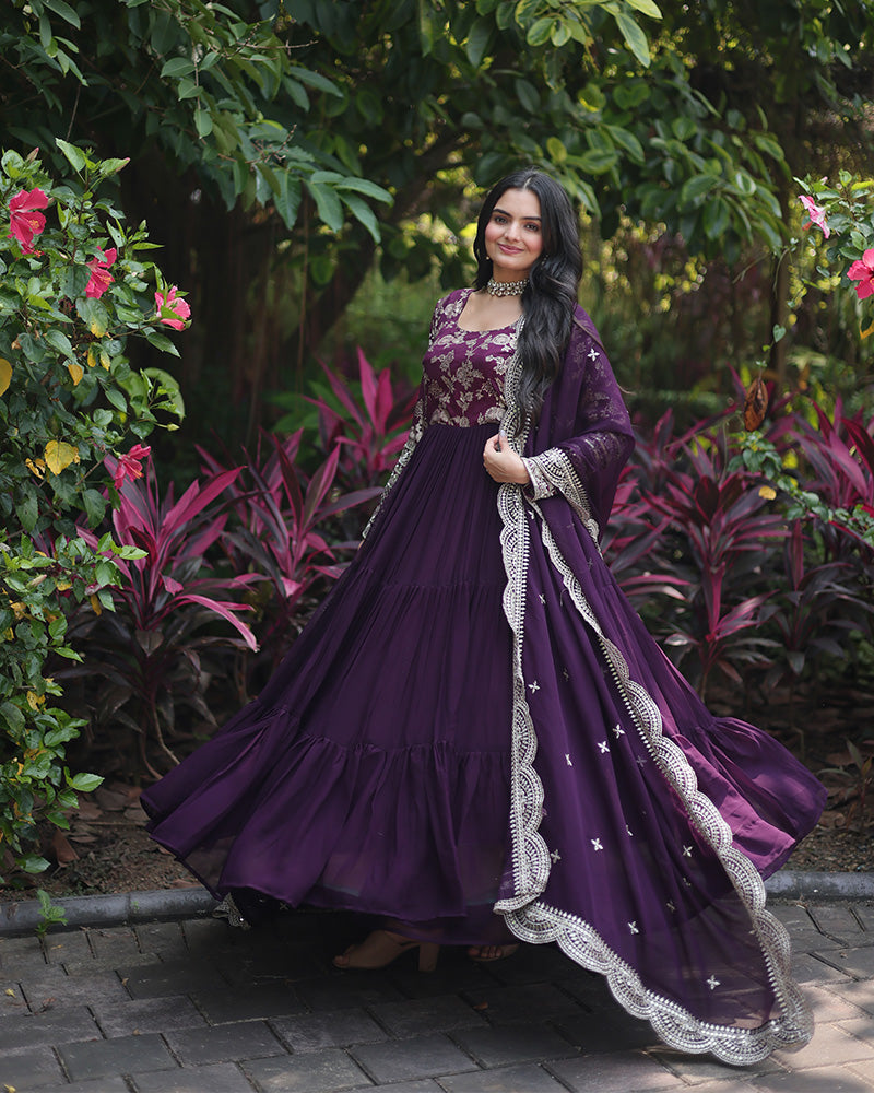Wine Color Anarkali Gown With Faux Blooming Dupatta