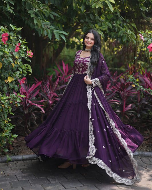 Wine Color Anarkali Gown With Faux Blooming Dupatta
