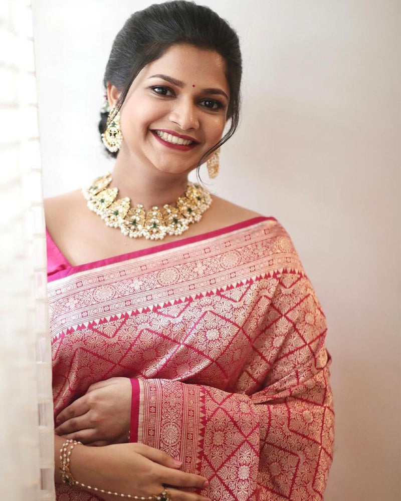Pink Color Jacquard Print Banarasi Soft Silk Saree