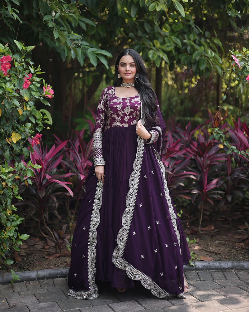 Wine Color Anarkali Gown With Faux Blooming Dupatta
