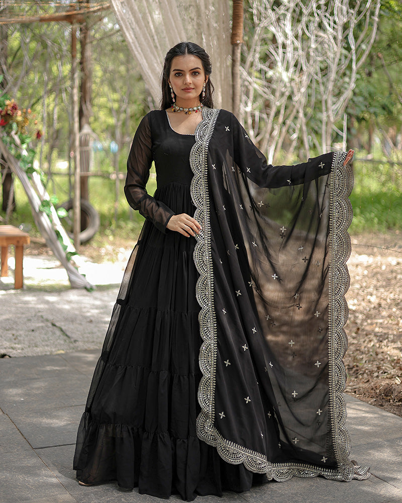 Black Color Designer Embroidered Gown With Dupatta