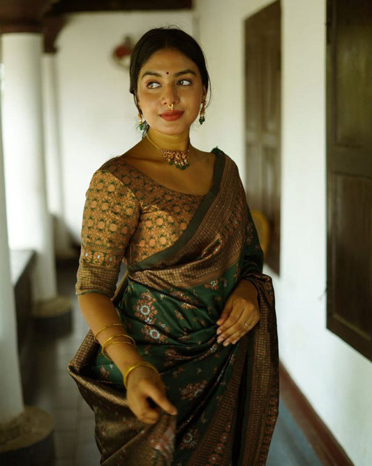 Green Color Floral Soft Lichi Silk Saree