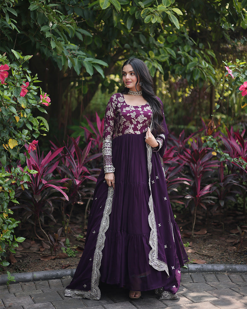 Wine Color Anarkali Gown With Faux Blooming Dupatta