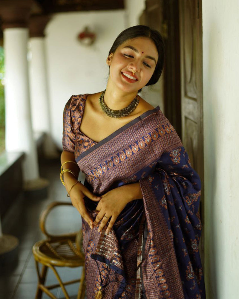 Blue Color Floral Soft Lichi Silk Saree