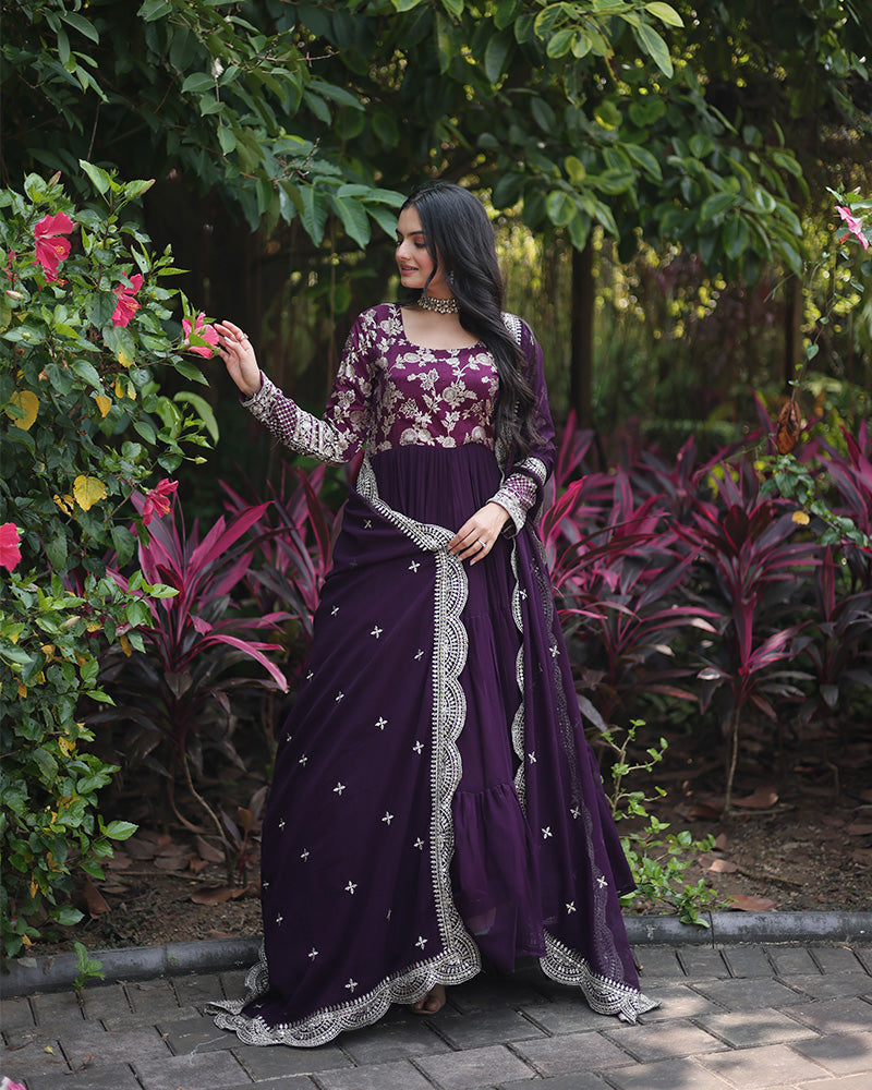 Wine Color Anarkali Gown With Faux Blooming Dupatta